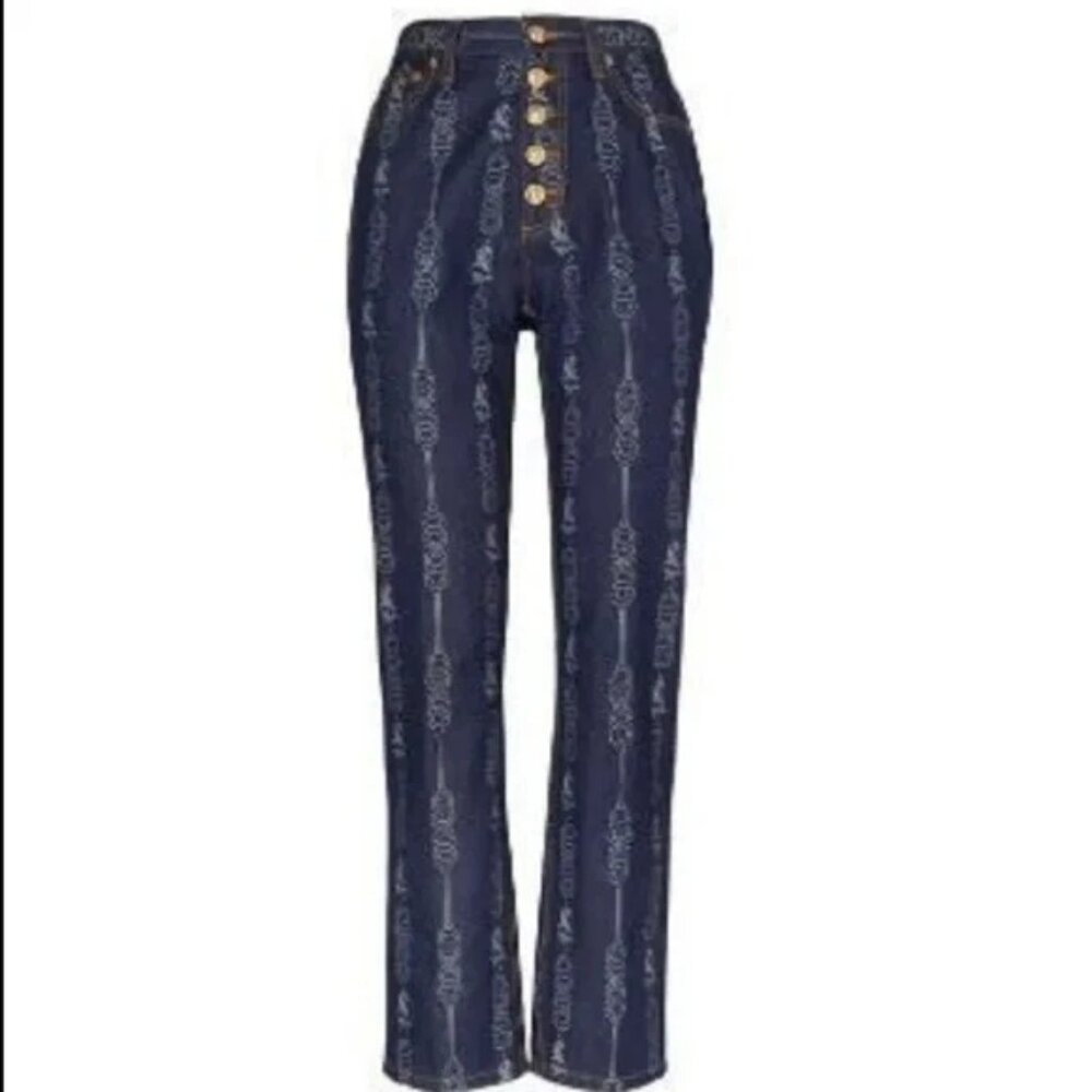 Tory Burch Gemini Link Bloom Jacquard Denim Jeans 29 Floral Straight Leg